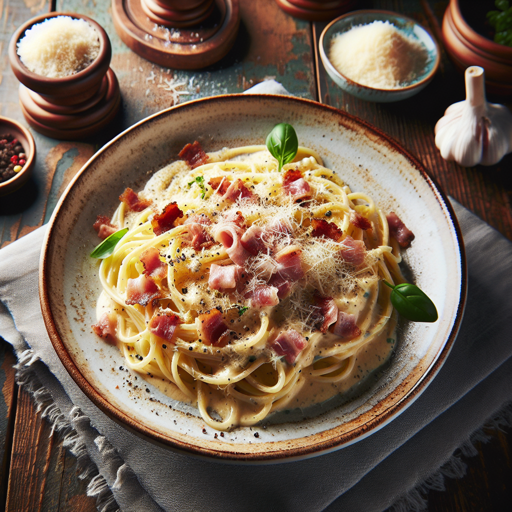 Plate of spaghetti carbonara with creamy sauce and bacon